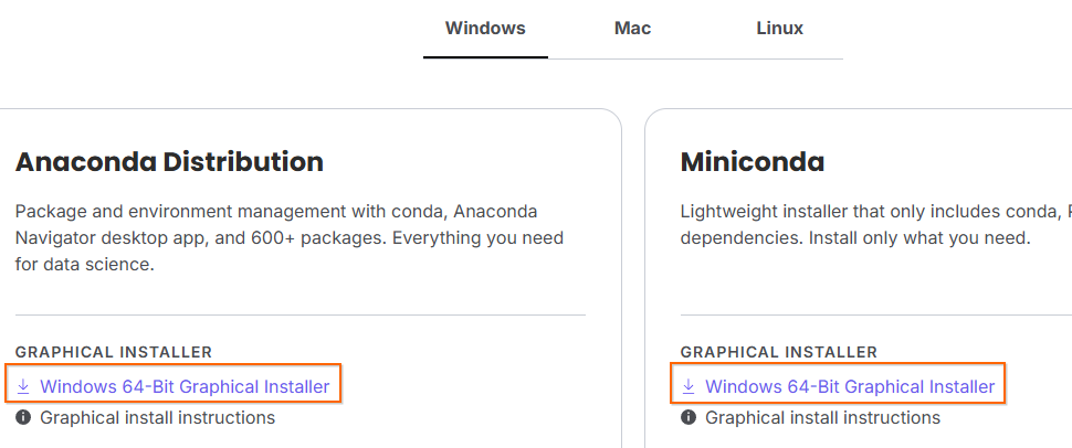 Anaconda 下载页面中的 Windows 64-bit 图形安装程序入口